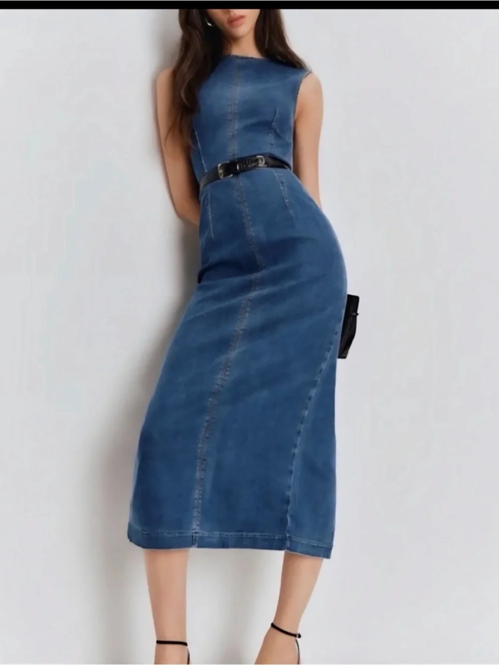 Reformation Sleeveless Denim Midi Dress in Blue with Black Belt - Picture 1 of 8
